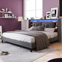 Lit adulte 160x200 cm - Tête de lit avec rangement, LED et ports USB - MODERNLUXE - Gris