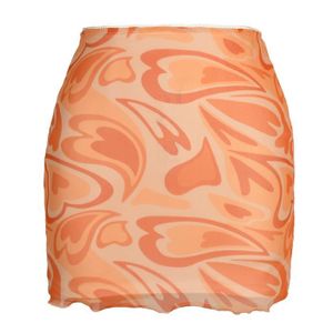 JUPE Jupe Courte pour Femmes Jupe Imprimée Vintage Taille Haute Mini Jupe de Hanche Jupe Moulante pour Soirée Plage Club,Orange