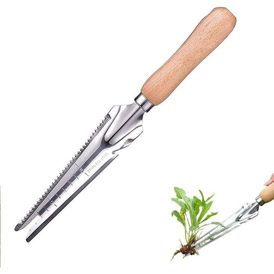 Désherbeur Manuel Acier Inox & Bois – Outil Y Multifonction Jardinage, Désherbage, Binage, Transplantation, Poignée Chêne Confort