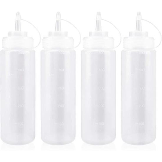 4 Bouteilles à Sauce 500ml - Bouteilles Condiments Plastique Alimentaire - Pour Ketchup, Mayo, Huile - Avec Graduation