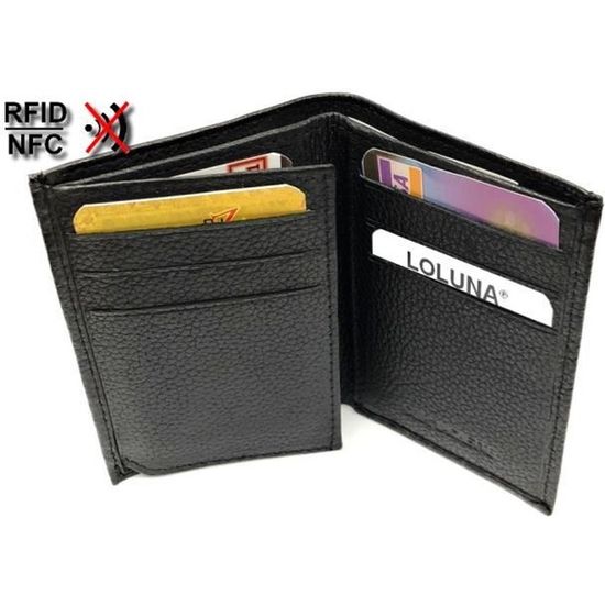 LOLUNA® Etui porte carte de crédit RFID - NFC, 3 volets 9 cartes, petit et fin, Mini Portefeuille, Homme / Femme, Cuir Vachette Noir