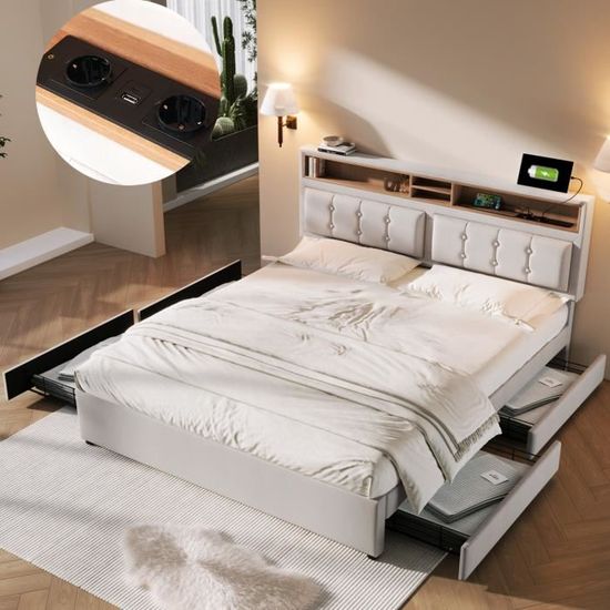 Lit Double 160x200 Avec Rangement Yeutre - 4 Tiroirs, Tête De Lit Velours Et Ports USB - Sans Matelas - 9