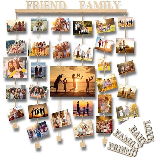 Cadre Photo Mural à Corde En Bois - Porte Photos Pele-Mele - DIY Déco Salon