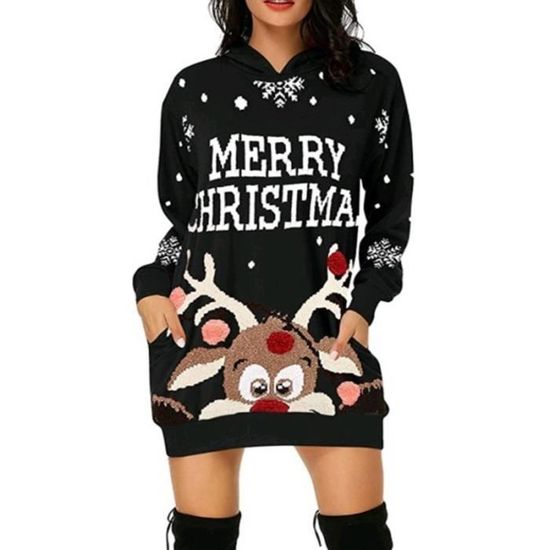 Robe Pull Noël Femme Manches Longues - Imprimé Renne Et Flocons - Chaud Et Confortable Pour Les Fêtes