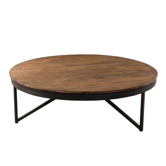 Table basse ronde - Teck recyclé pieds métal - Marron - Industriel - 110 x 110 x 36 cm