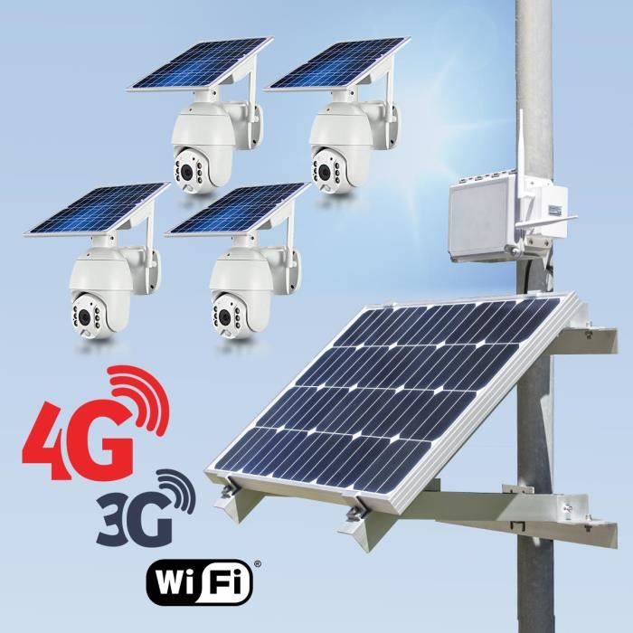 Kit vidéosurveillance 3G 4G autonome solaire avec 4 caméras pilotables solaires WiFi HD 1080P 64 Go