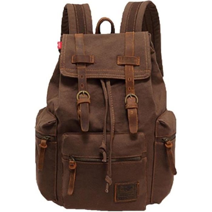 Grand Sac à Dos Backpack Scolaire Café Rétro Multipoches en Canevas Solide avec Compartiment Ordinateur Portable pour Homme Femme