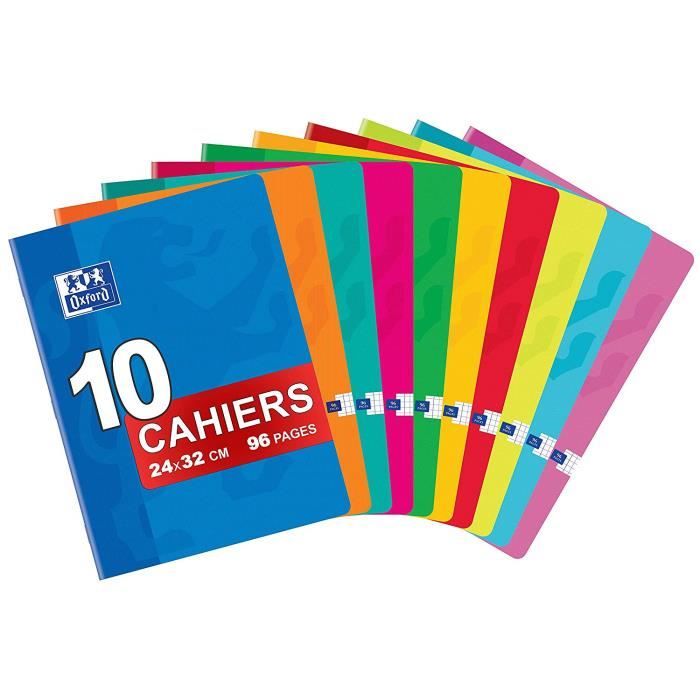 OXFORD Classique Lot de 10 Cahiers Agrafés Grands Formats 24 x 32cm 96 Pages Petits Carreaux 5 x 5mm Couleurs Assorties