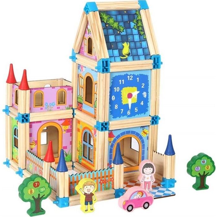 128 pièces Blocs de Construction en Bois Jeu De Construction Jouets Puzzle éducatifs,Assemblé Maison Modèle Jouets pour Enfant