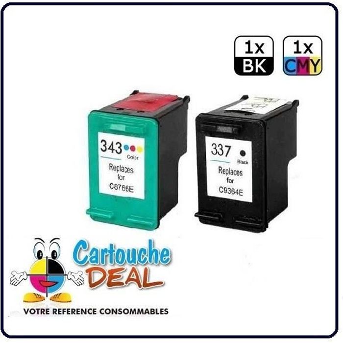 HP 337 - HP 343 - HP OfficeJet 6310 6315 PSC 4180 Photosmart C4100 C4180 C4190 Lot 2 cartouches compatible HP337 HP343