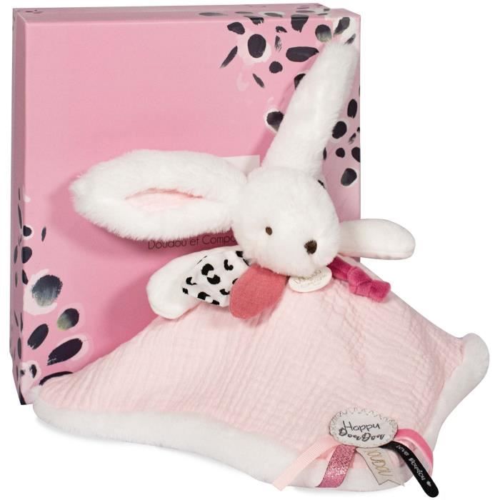 Doudou et Compagnie - Doudou Lapin -25 cm - Blanc/Rose - Lapin Pompon Rose - Idée Cadeau - Happy Blush - Happy Doudou To You