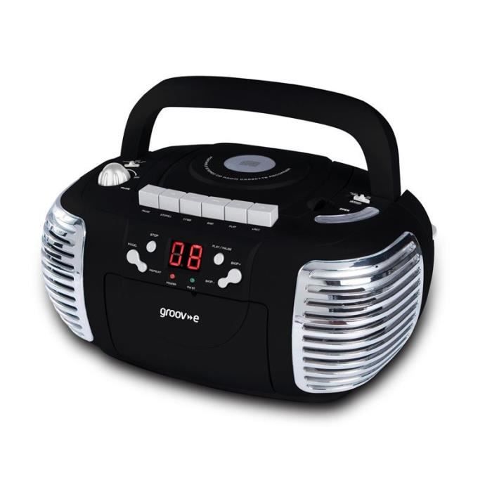 Groov-e GVPS813BK Boombox Rétro Noir AM - FM Radio Portable Lecteur CD - Cassette