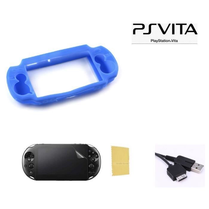 Pack 3 en 1 Sony PS Vita 1000 : Housse silicone bleu - Câble chargeur synchronisation USB - Film Protection écran