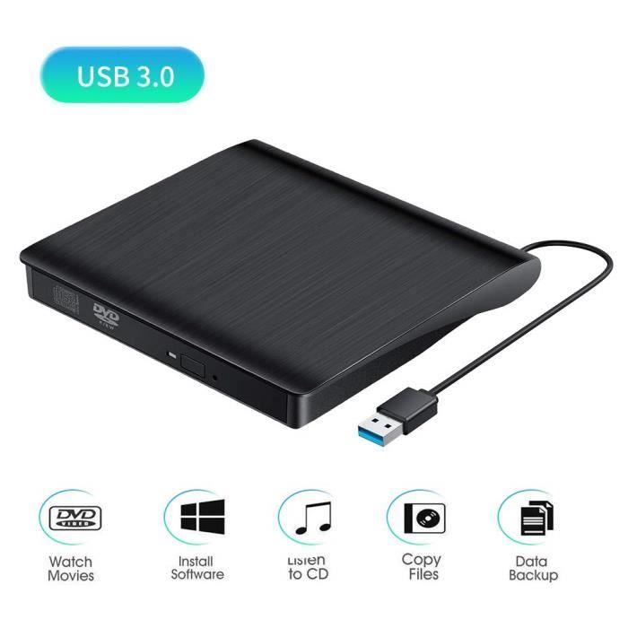 Lecteur CD-DVD Externe, USB 3.0 Graveur DVD Externe CD Enregistreur Portable RW-ROM Mince ROM Transmission Rapide Câble USB - Noir
