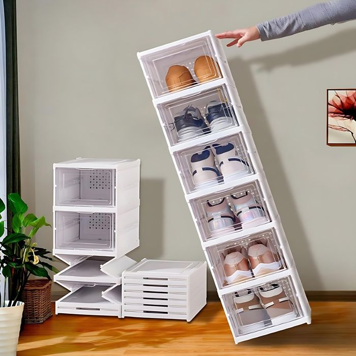 Boîtes de rangement à chaussures - Blanc - Pliables - Couvercle transparent - 6 étagères - Design scandinave
