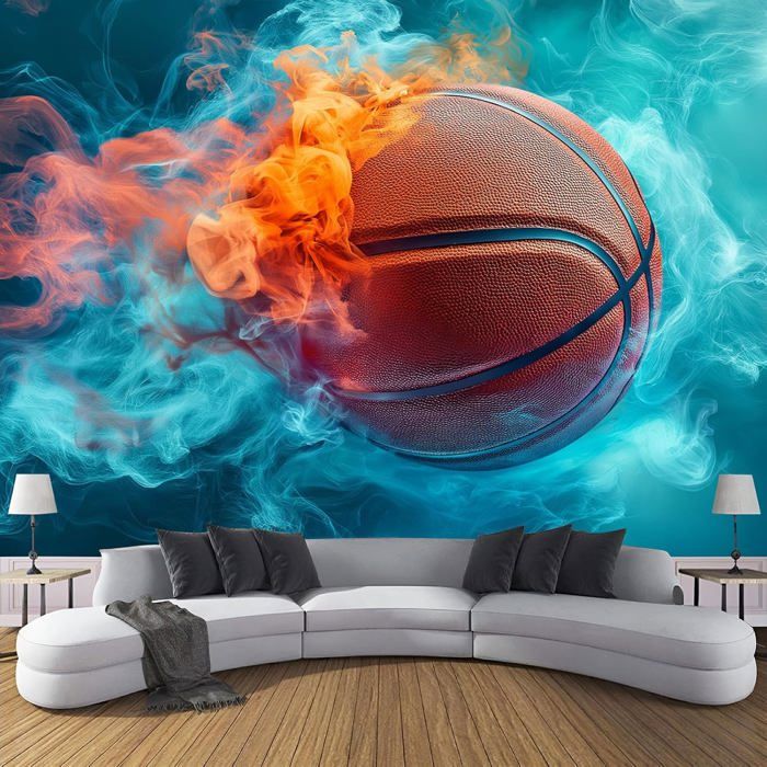 Papier Peint Panoramique 350X250cm Fumée Flammes Basket Papier Peint Tissu De Soie 3D Effet Décoration Murale Poster Fantastique