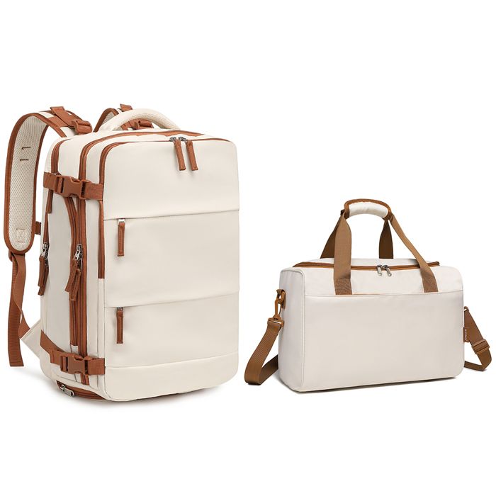 Sac à Dos + Sac de Voyage - Valise de Voyage - Polyester - Crème - Ensemble 2 pièces 25L