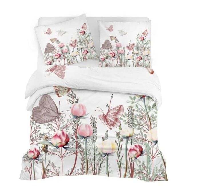 Housse de Couette 200x200cm Adulte Papillon Fleur Parure de Lit 2 Personnes Microfibre avec Fermeture éclair + 2 Taie doreiller