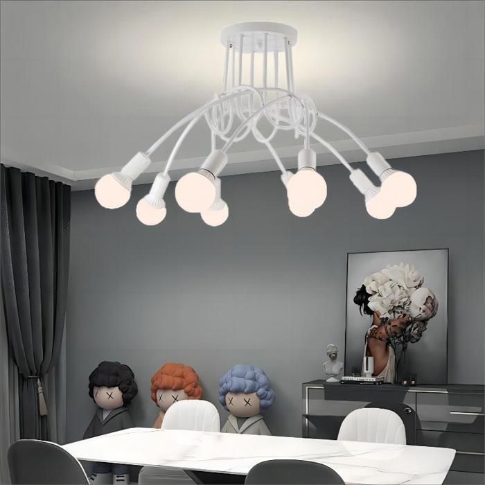 Plafonnier - E27 Lustre industriel 8 têtes - Métal blanc - Diam. 70 x 43 cm - Vintage/Moderne