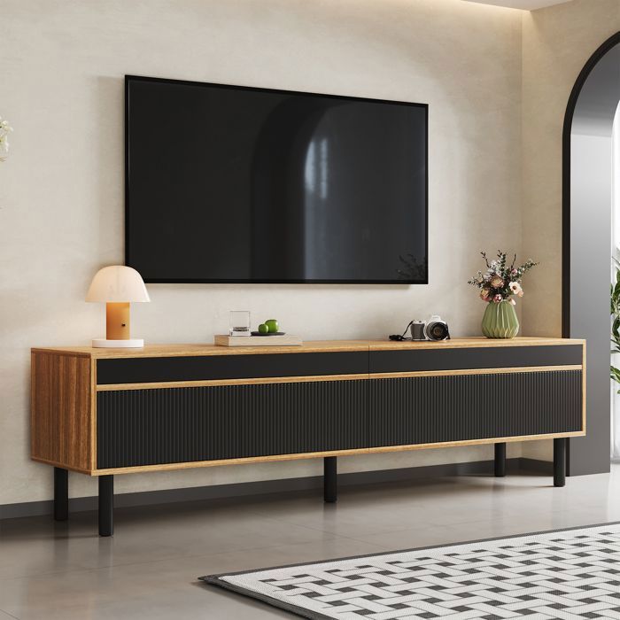 Meuble TV Moderne - Bois et Noir - 4 Portes - Pieds en Bois - Meuble pour Salon - 170 x 38 x 47 cm Meuble TV Moderne - Bois et Noir - 4 Portes - Pieds en Bois - Meuble pour Salon - 170 x 38 x 47 cm