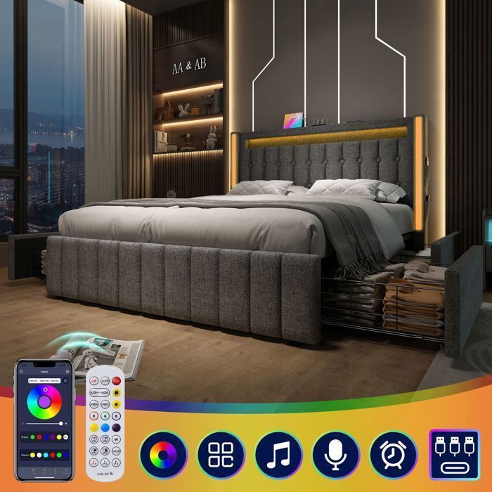 Lit Coffre 140x200cm 4 Tiroirs et LED - Lit Rembourré - Ports USB Type-C Tissu Lin Gris Sommier Inclus