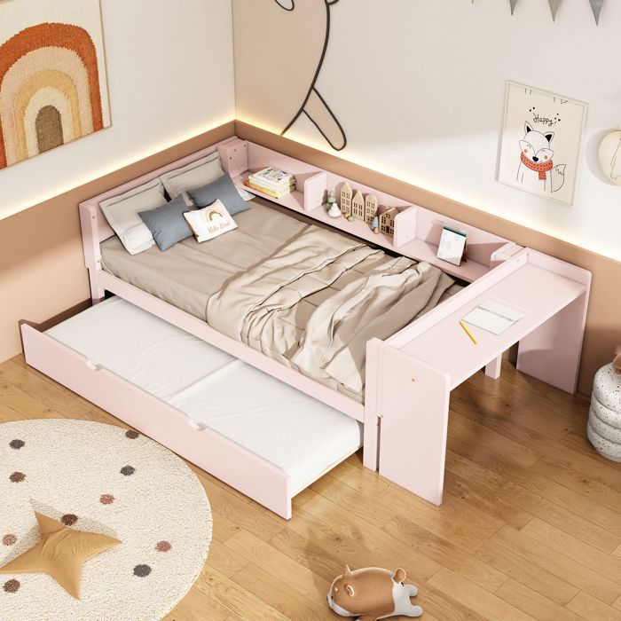 Lit Enfant 90 x 200 cm Lit en bois avec bureau et étagères Lit double avec Lit gigogne structure en bois de pin Rose