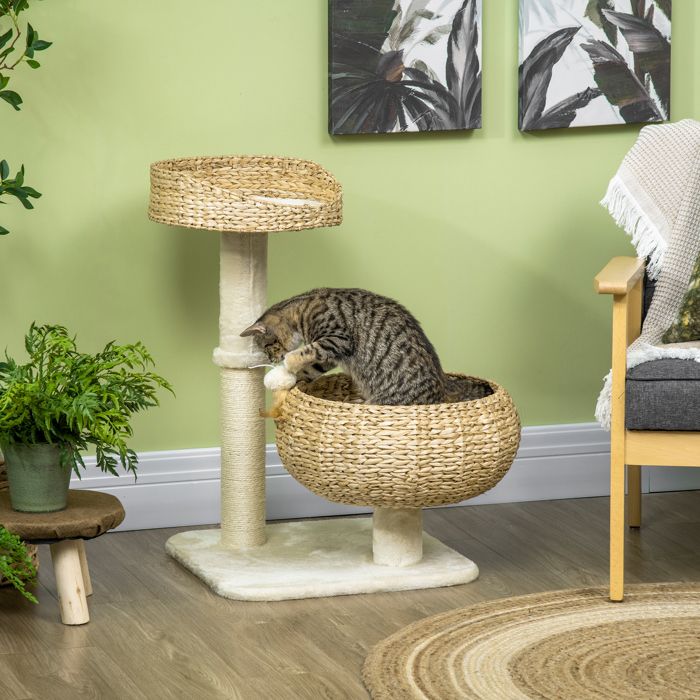 Meilleurs prix pour Arbre à chat griffoir 2 niveaux hauteur 72 cm poteau sisal avec niche et plateforme 1 balle suspendue