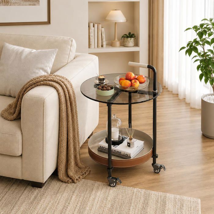 Table dappoint multifonction mobile plateau en verre trempé petite table basse avec freins adaptée au salon et à la chambre