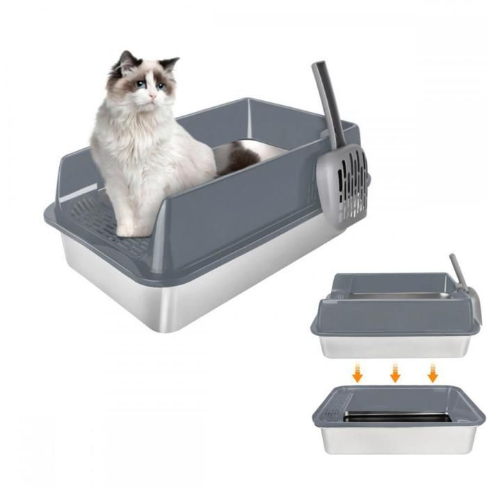 Meilleurs prix pour Bac à Litière en Acier Inoxydable-MENGDA-Bac a litiere pour Chat XXL Anti-Fuiteavec clôture Haute Amovible-Avec Une Pelle-Gris