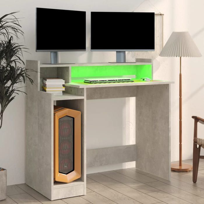 Bureau BURKE Gris Table à écrire - 1 PERSONNE - et lumières LED - Gris béton 97x45x90 cm - Bois dingénierie BB421
