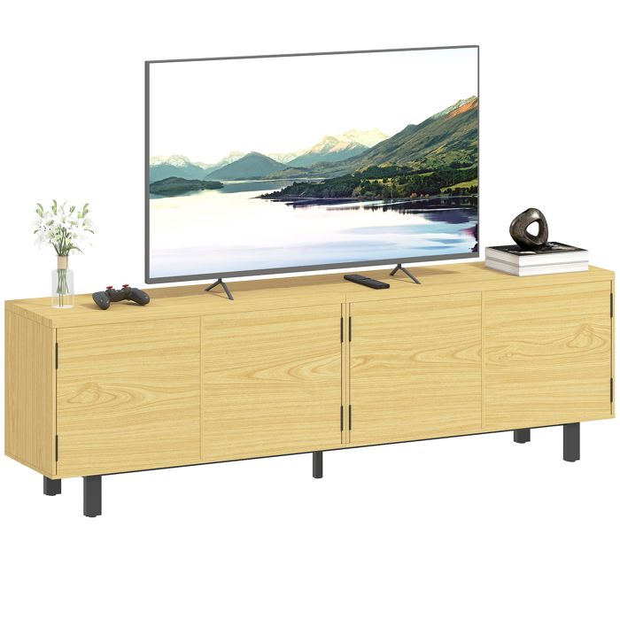 Meuble TV - HOMCOM - 4 portes à ouverture par pression - panneau de particules et métal - 180x35x55 5cm - bois naturel Meuble TV - HOMCOM - 4 portes à ouverture par pression - panneau de particules et métal - 180x35x55 5cm - bois naturel