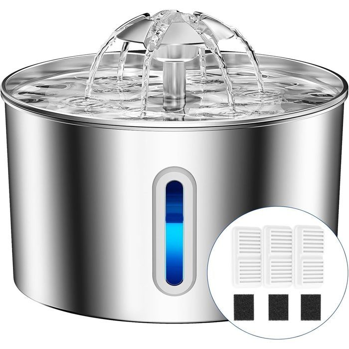 Fontaine à Eau pour Chats 22L INOX Super Silencieuse - Système Quadruple Filtration avec LED & 3 Filtres - Facile à Nettoyer