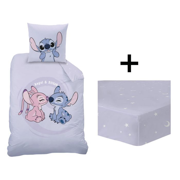 Parure de lit enfant avec drap housse 100% Coton - DISNEY STITCH HAPPY - Violet - 140x200+63x63cm + 90x190cm
