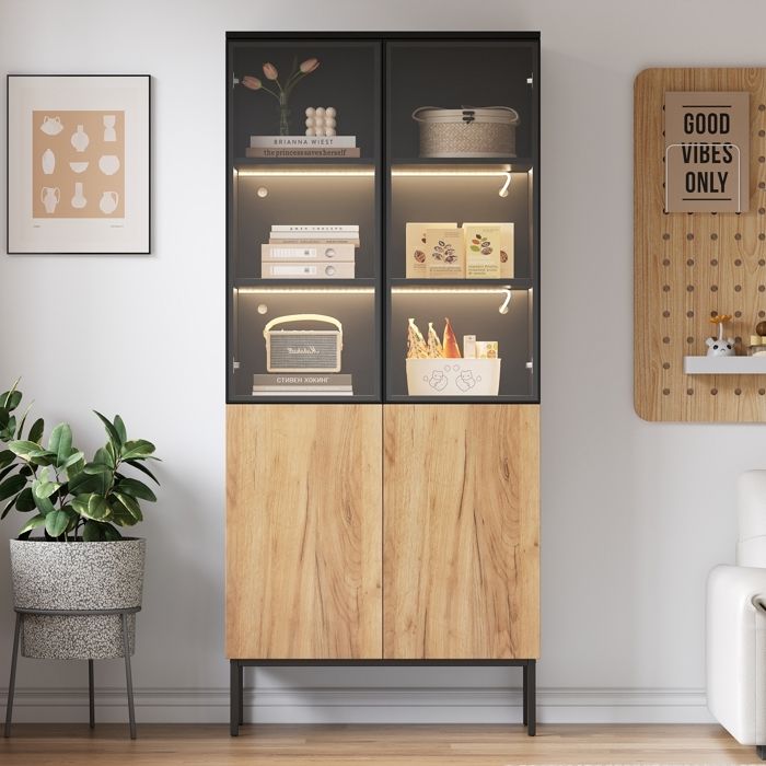 Vitrine avec Portes en Verre Armoire Haut avec Lumières LED Bibliothèque Vitrine en Verre à 5 étages Pour Objets de Collection