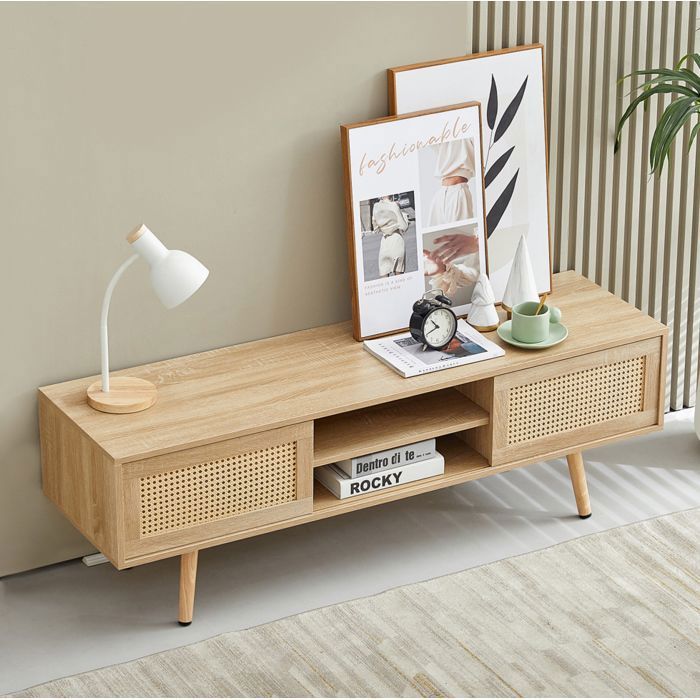 Meuble TV naturel L 140 x P 40 x H 45 cm 2 portes coulissantes en rotin étagères réglables