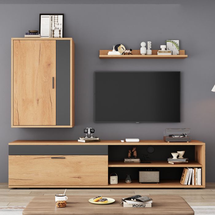 Ensemble meuble TV moderne chêne et noir avec élément mural et étagère