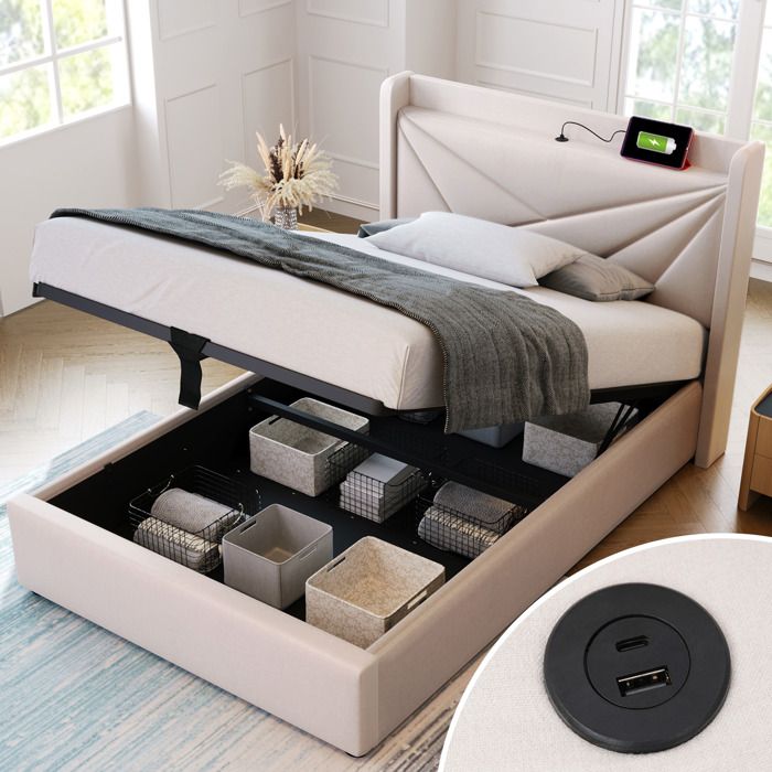 Lit 90x200 avec Sommier Lit Coffre avec Rangement Fonction de chargement USB Type C tête de lit Beige (sans matelas)