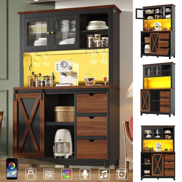 Buffet de cuisine - Armoire porte coulissante style grange - LED APP mode musique - 3 tiroirs - 104×40×180 cm