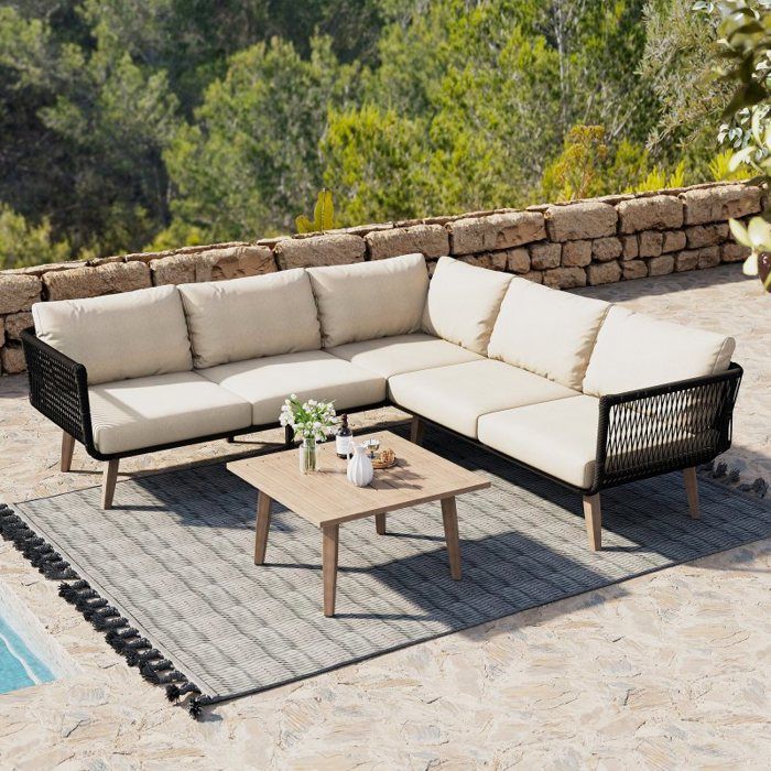 Salon de Jardin Canapé + Table Basse Acier Galvanisé Oléfine Plateau Effet Bois Corde Tressée Extérieur Beige et Noir