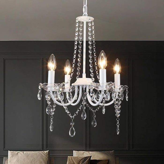 Lustre Cristal Suspension Luminaire 4 Lumières Lustre Blanc Lampe Suspendue Lustre Chambre Salon Ampoule E14 Blanc LUSTRE