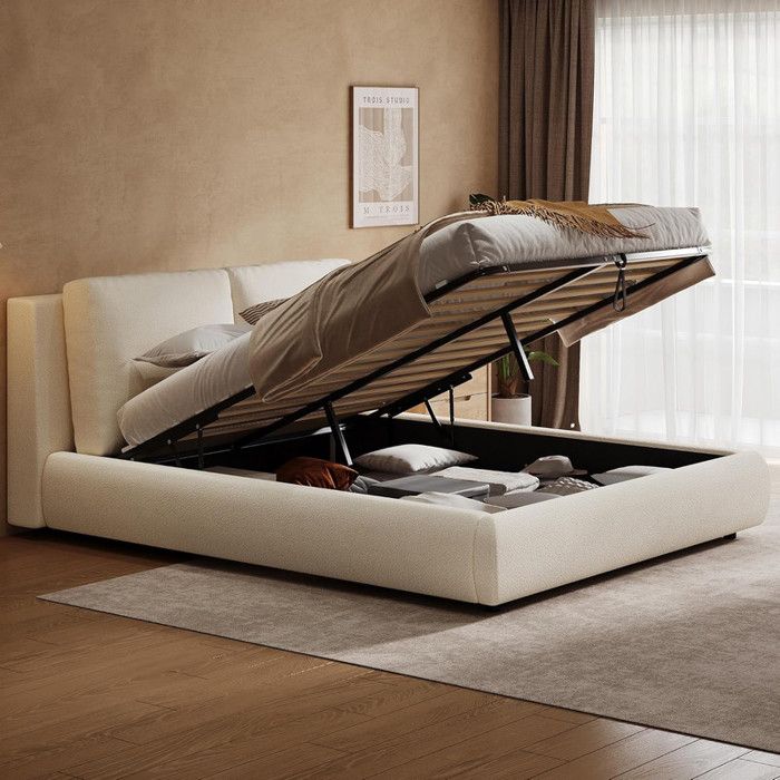 Lit 180x200 avec sommier à lattes Lit Double avec tête de lit rembourrée et espace de rangement Tissu Bouclé Beige