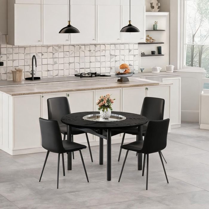 Set table ronde minimaliste Ø100 cm + 4 chaises PU noir et métal design bois noir