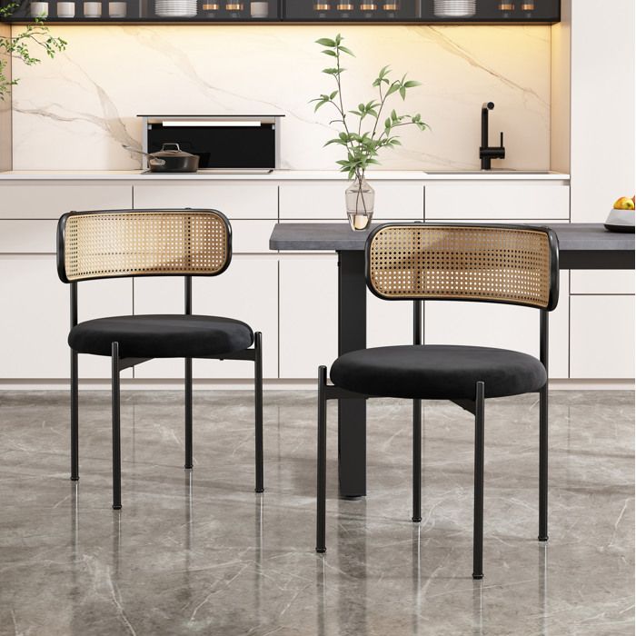Chaise de salle à manger en velours – Lot de 2 – Dossier en rotin – Pieds en métal – Noir