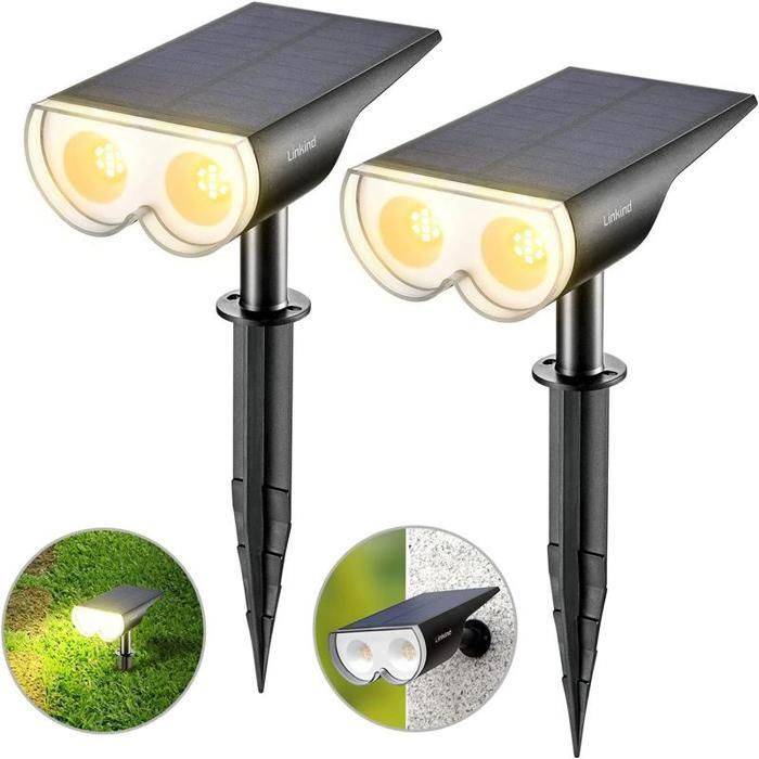 Lot 2 projecteurs solaires noirs étanches LED 650lm blanc chaud variateur luminosité deux modes déclairage extérieur