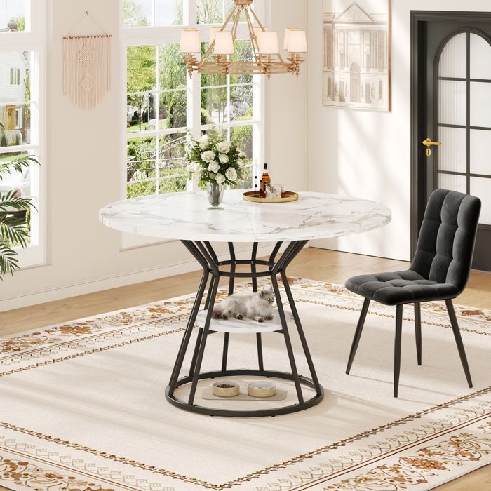 Table à Manger Ronde 100x100x76 cm - Placage de Marbre - Pieds en Métal - 1 Étagère - 4 à 6 Personnes - Blanc et Noir