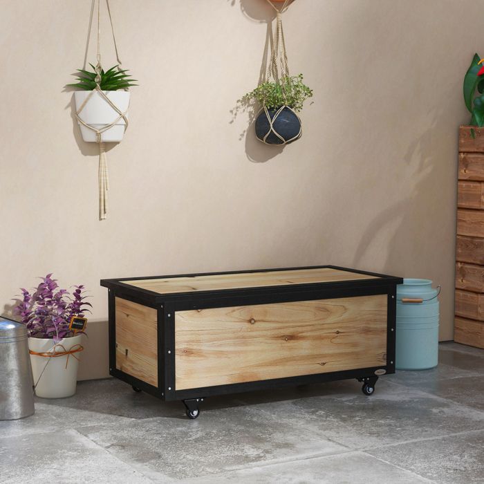 Coffre de rangement - 121 L - Bois sapin massif - 2 roues - Résistant aux intempéries