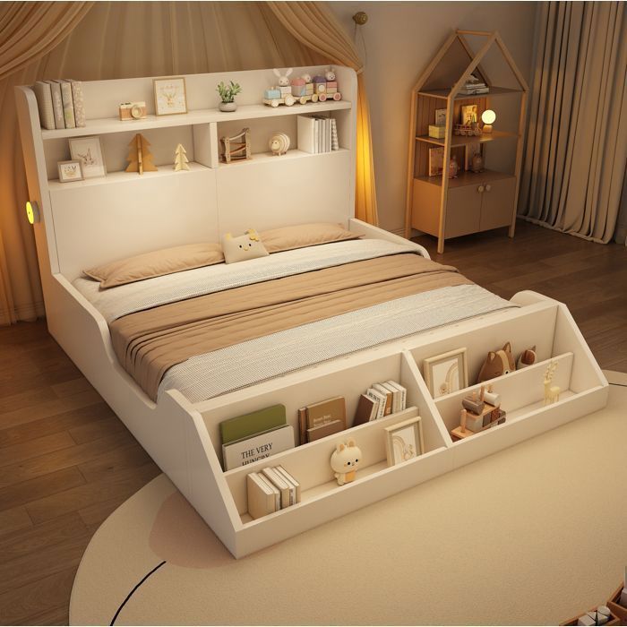 MEULVA Lit double 140 x 200 cm avec sommier à lattes étagères de tête de lit veilleuses en bois blanc
