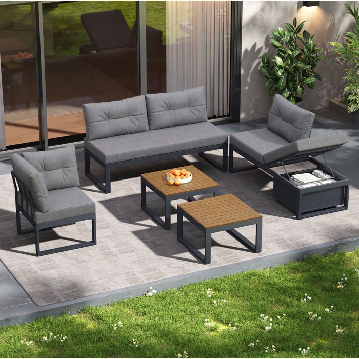 COVREO salon bas de jardin d’angle modulable 4 places avec dossier réglable 3 positions rangement gris foncé