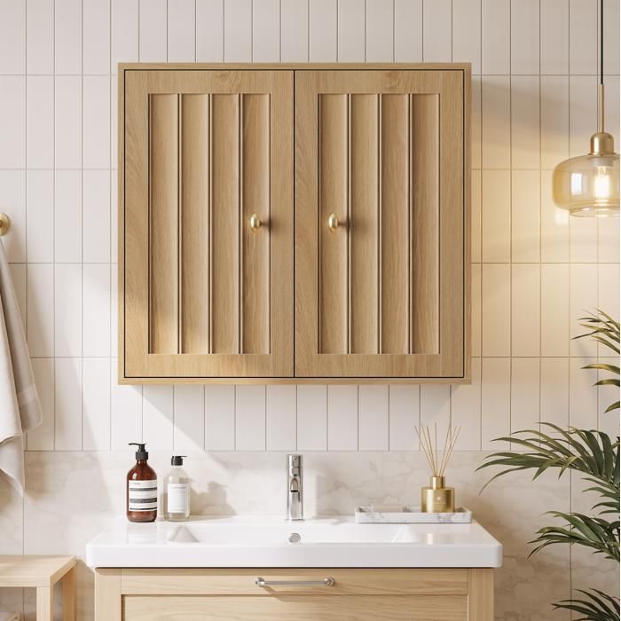 Armoire murale salle de bain 2 portes armoire a pharmacie avec etagere reglable decor chene 615x20x56 cm ORVRYN