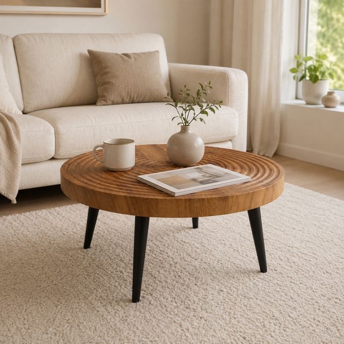 Table Basse Ronde Bois - avec Pieds en Fer-Grande Table DAppoint Pour Le Salon -60x60x37cm -Brun